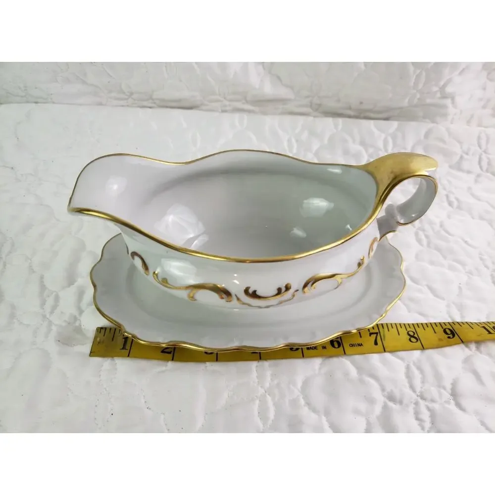Schumann Arzberg Golden Elegance Germany Gravy Boat Attached Underplate White